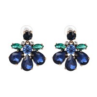 Jewel Tone Blue Green Crystal Bloom Stud Earrings 